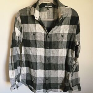 Express Shirt Mens S(14-14 1/2) Gray Long Sleeve Plaid Button-up Checker Chore